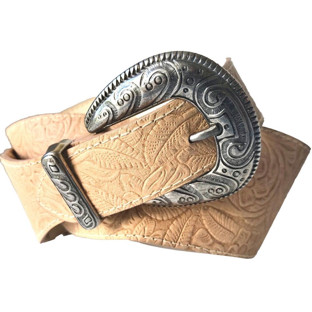 Vtg Omega Tooled Flower Paisley Western Womens Belt Beige Faux Leather Size XS S